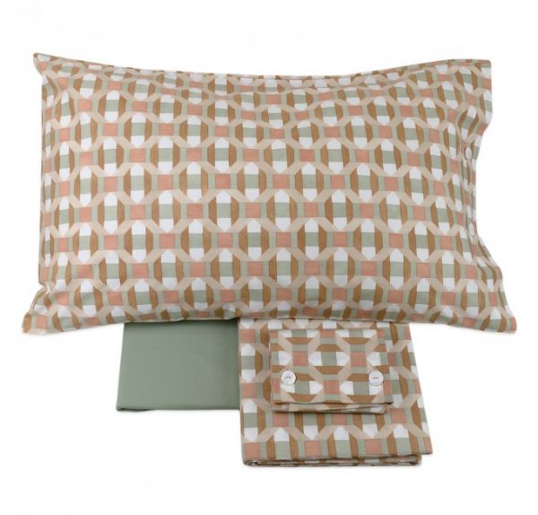 Lenzuola Una Piazza e Mezza - Completo  Letto – Twiggy- Corallo/Verde/Caramello - Fazzini