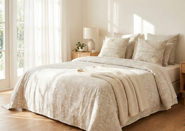 Copriletto Matrimoniale - Leggero Artigianale in puro cotone - Foglie - Beige