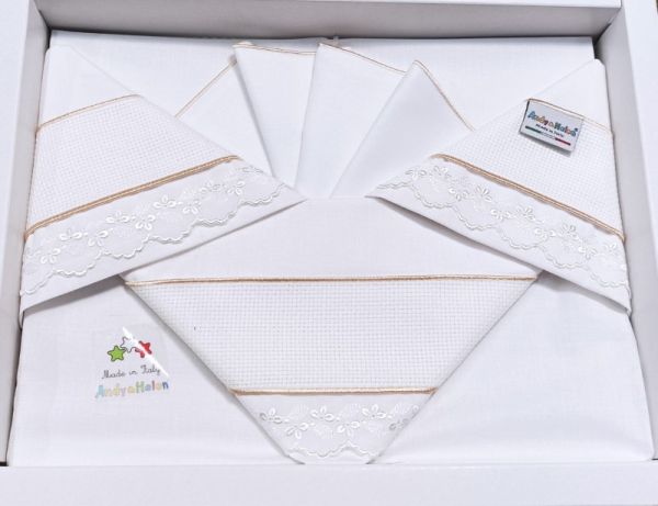 Lenzuola Culla – Completo Letto - Tela Aida con Trina Beige - Handy & Helen