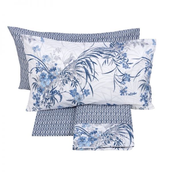Lenzuola Matrimoniali in Raso di Puro Cotone  - Completo Letto  - Cricket - Blu - Fazzini