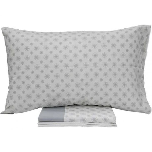 Completo Lenzuola Queen In Percalle Di Puro Cotone Stampato – Set Una Piazza E Mezza Con Federa, Made In Italy, Design Botanico Tortora