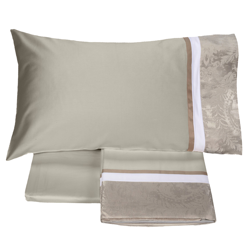 Completo Letto In Raso Di Cotone Made In Italy - Lenzuola Matrimoniali Fantasia CacheMire Dorato, Termoregolanti